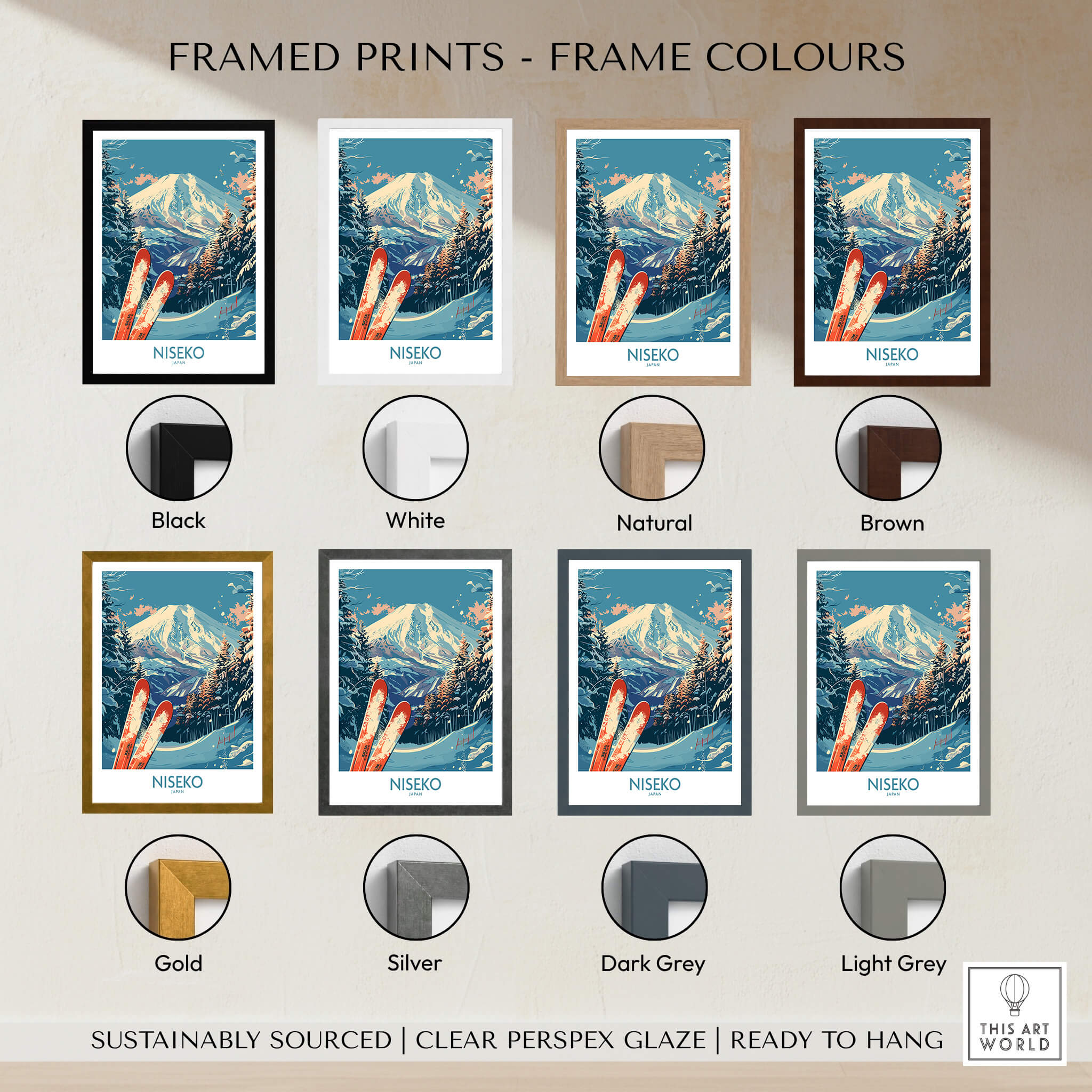 Niseko Poster Japan showcased with various frame colors including black, white, natural, brown, gold, silver, dark grey, and light grey.