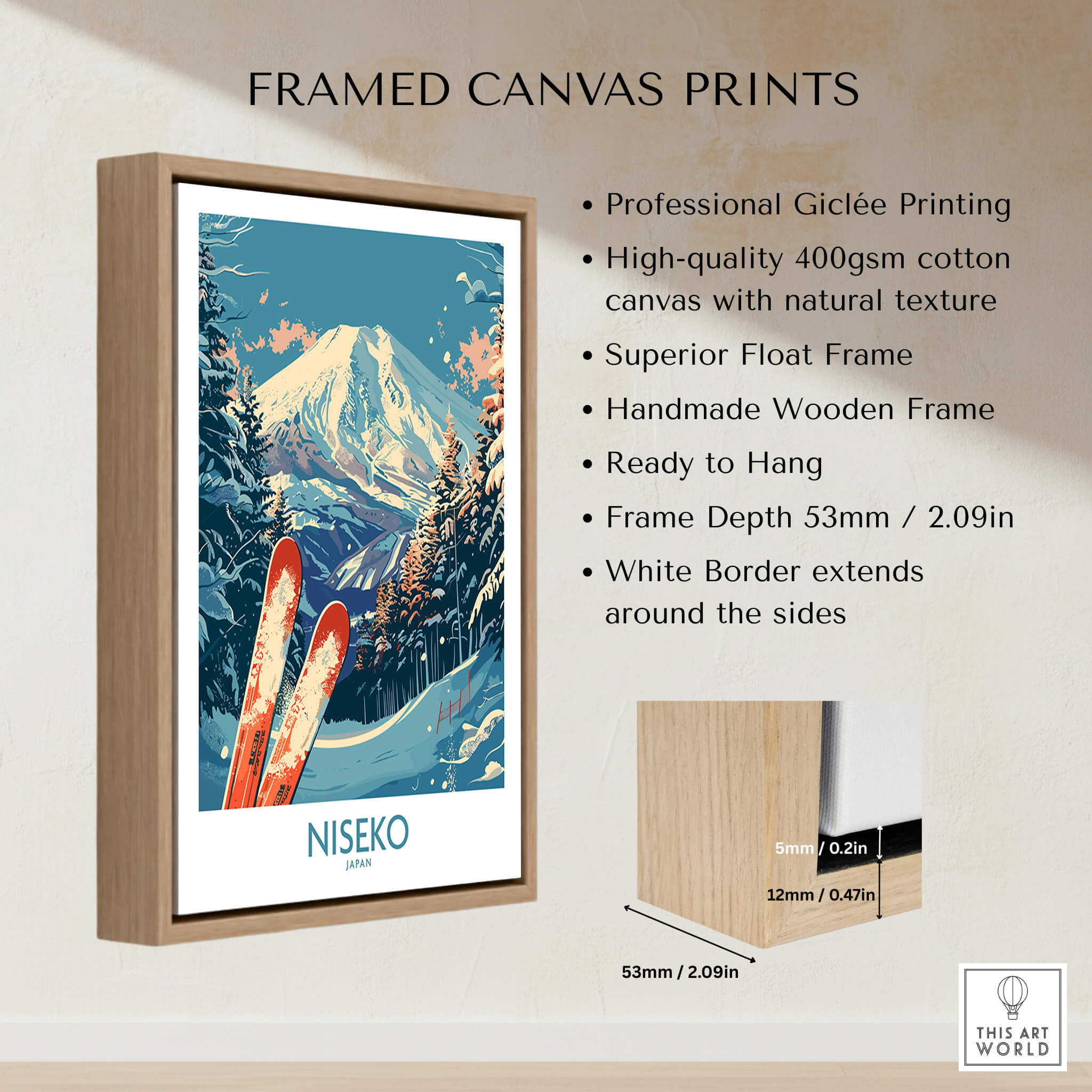 Niseko Poster Japan displayed in framed canvas print with natural landscapes and ski slopes.