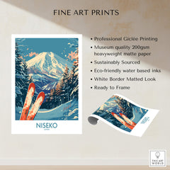Niseko Poster Japan showcasing stunning mountain landscapes and ski equipment, perfect for ski enthusiasts.