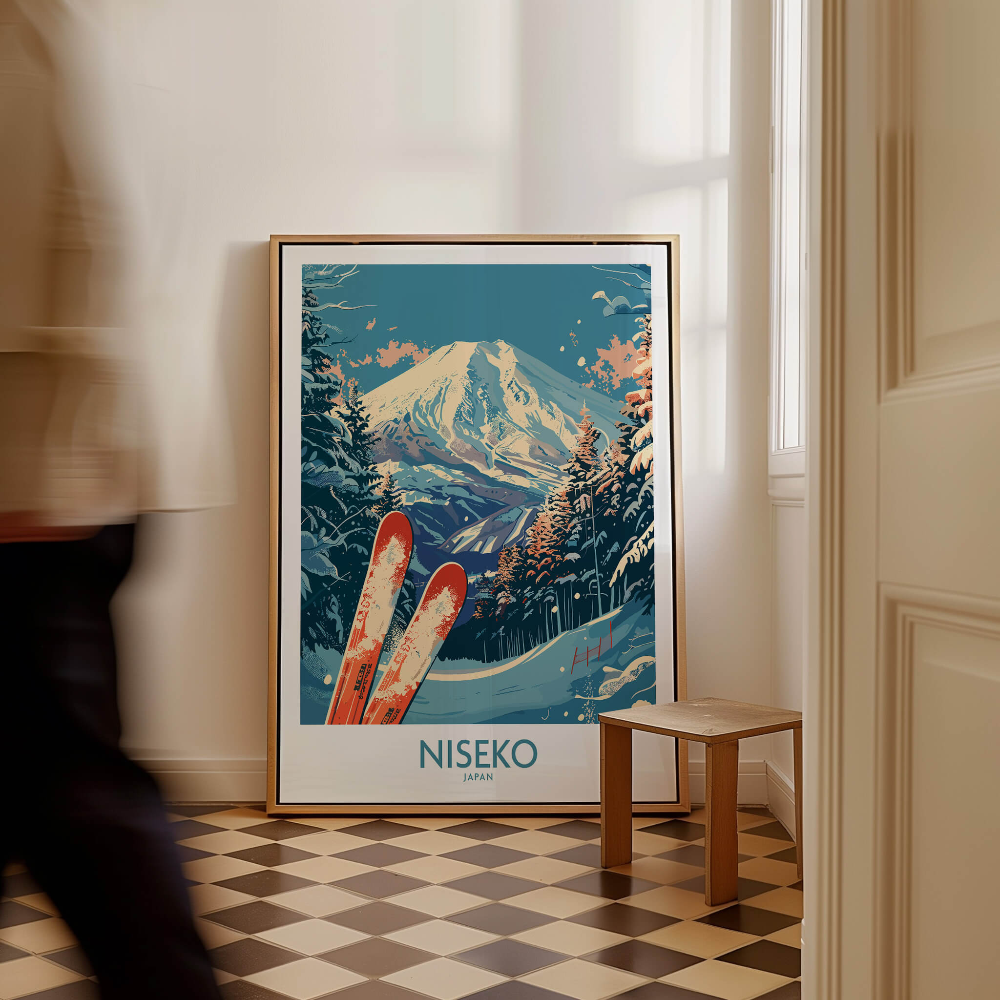 Niseko Poster Japan showcasing stunning winter landscapes and ski slopes, perfect wall art for ski enthusiasts.