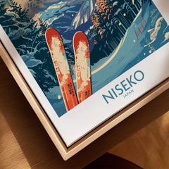Niseko Poster Japan featuring ski equipment and scenic landscapes of Niseko, perfect for ski enthusiasts.