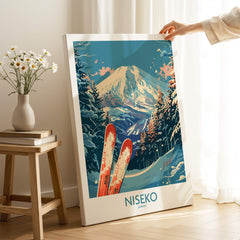 Niseko Poster Japan featuring stunning mountains and ski slopes, perfect for ski enthusiasts and wall art decor.