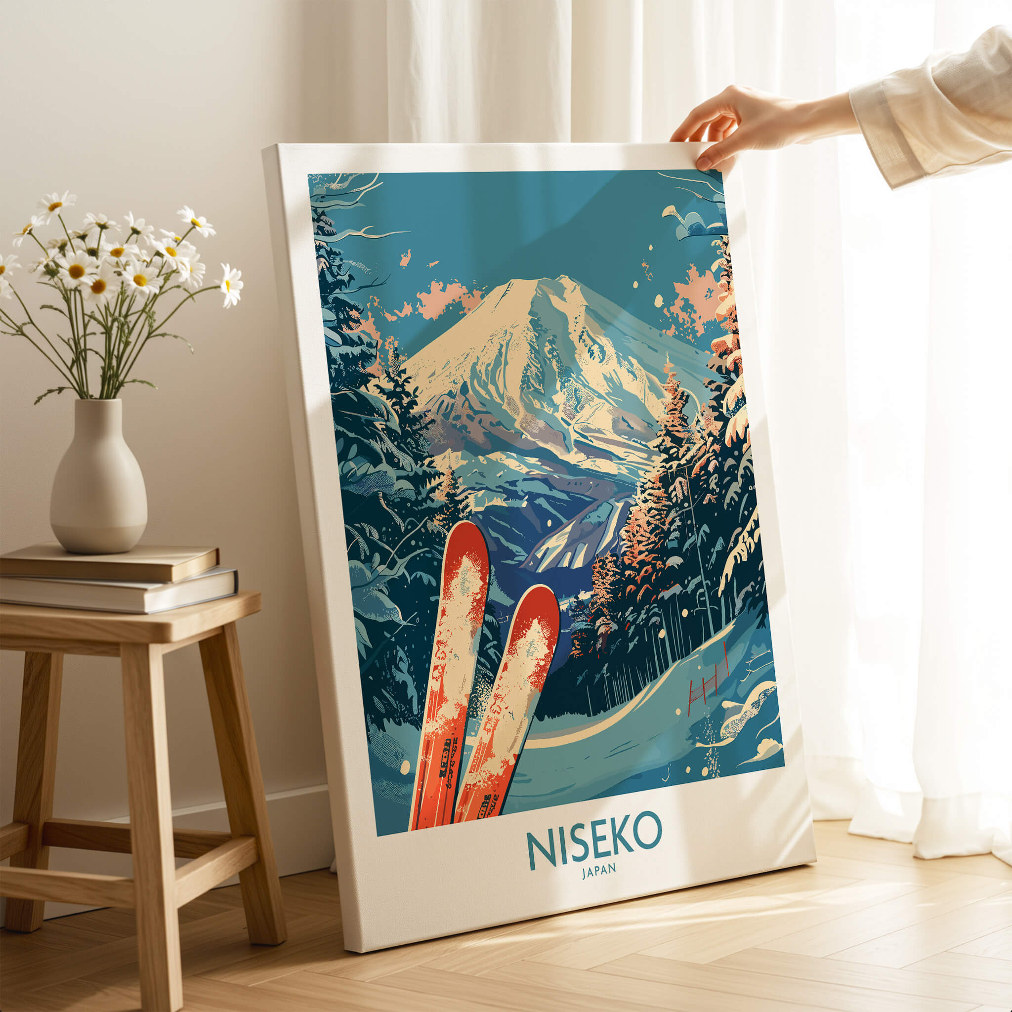 Niseko Poster Japan featuring stunning mountains and ski slopes, perfect for ski enthusiasts and wall art decor.
