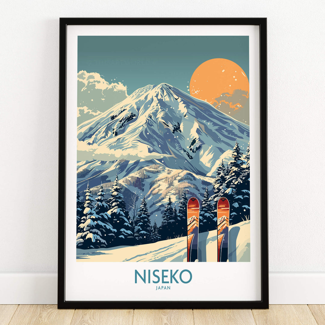 Niseko Wall Art Ski Poster featuring vibrant mountains and skis, capturing the essence of Niseko ski resort.
