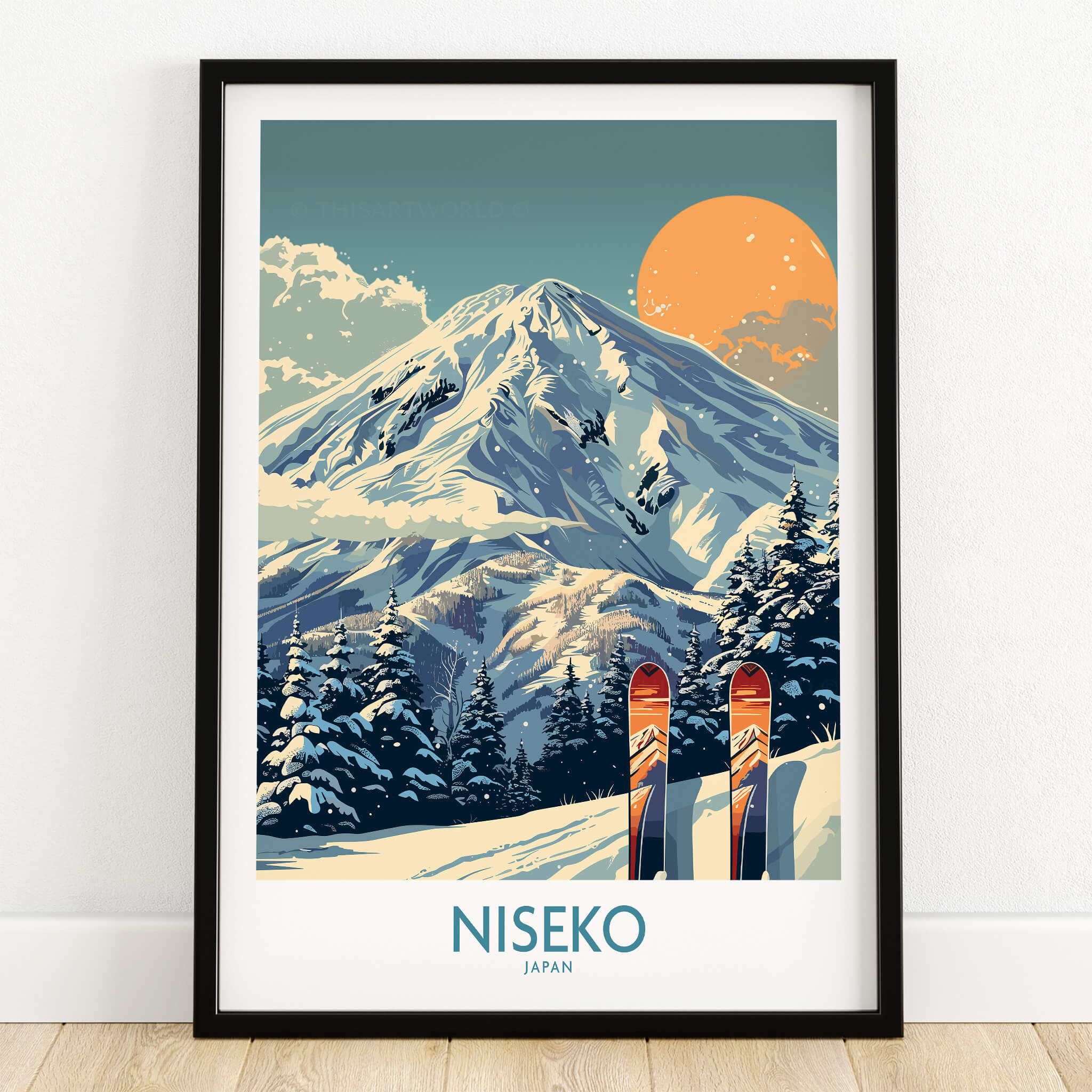 Niseko Wall Art Ski Poster featuring vibrant mountains and skis, capturing the essence of Niseko ski resort.