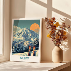 Niseko Wall Art Ski Poster showcasing vibrant winter scenery with skis and mountains.