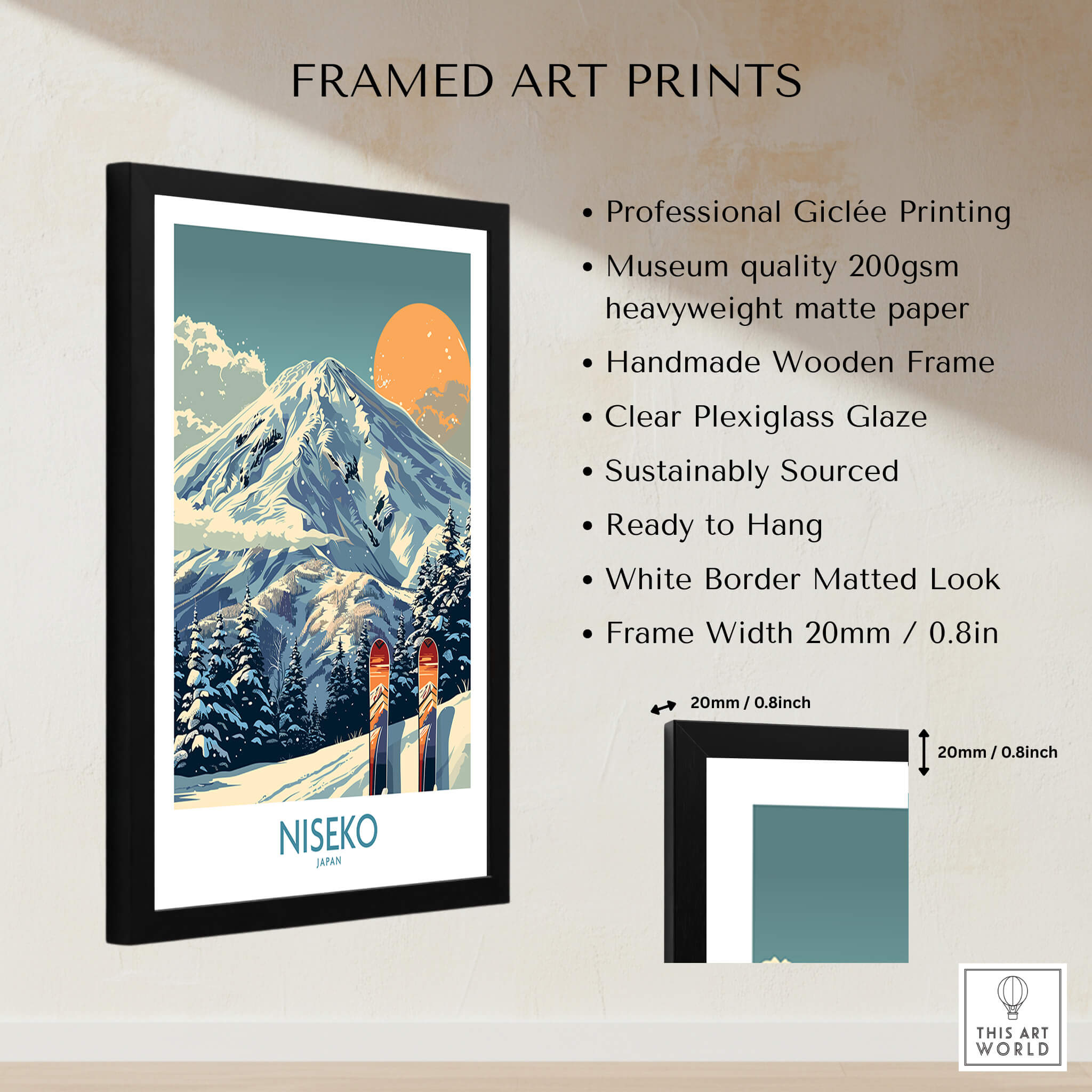 Niseko Wall Art Ski Poster framed print with classic design and professional giclée printing, perfect for ski enthusiasts.