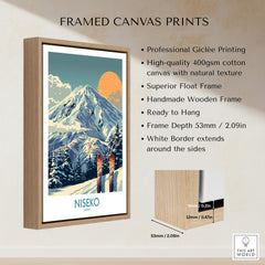 Niseko Wall Art Ski Poster framed in natural wood, showcasing vibrant colors and snowy mountains, ready to hang.