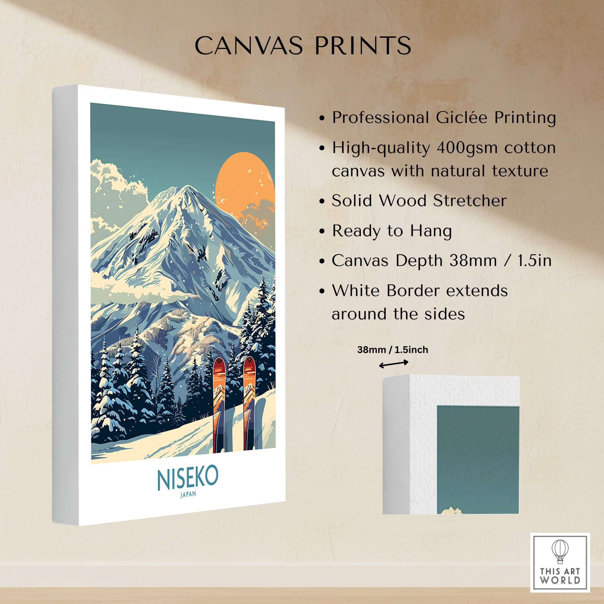 Niseko Wall Art Ski Poster showcasing professional Giclée printing and natural texture on high-quality canvas.