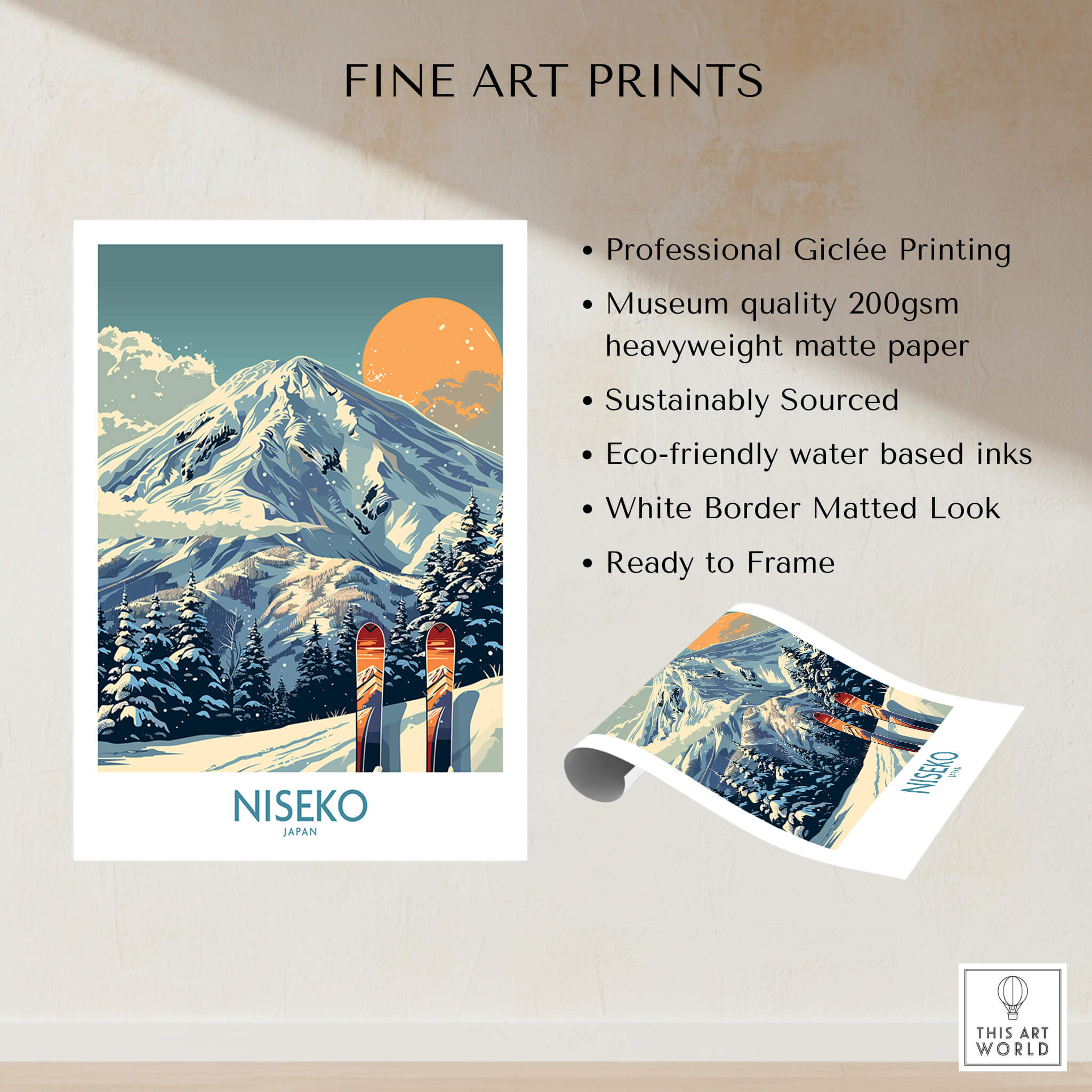 Niseko Wall Art Ski Poster showcasing vibrant mountain scenery with skis, perfect for adventure seekers and ski enthusiasts.