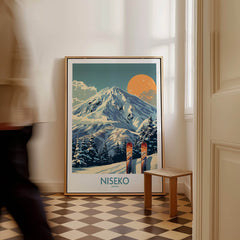 Niseko Wall Art Ski Poster displayed in a room, showcasing vibrant colors and detailed design of the Niseko ski resort.