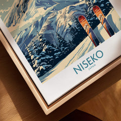 Niseko Wall Art Ski Poster showcasing vibrant ski design with snowy mountains and colorful skis, perfect for winter decor.
