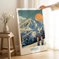 Niseko Wall Art Ski Poster featuring a winter landscape with skis and mountains in vibrant colors.