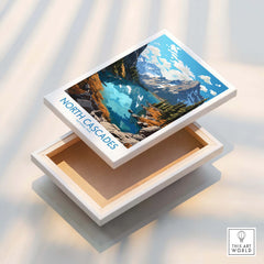 North Cascades National Park print on stretched canvas showing a mountain lake landscape.