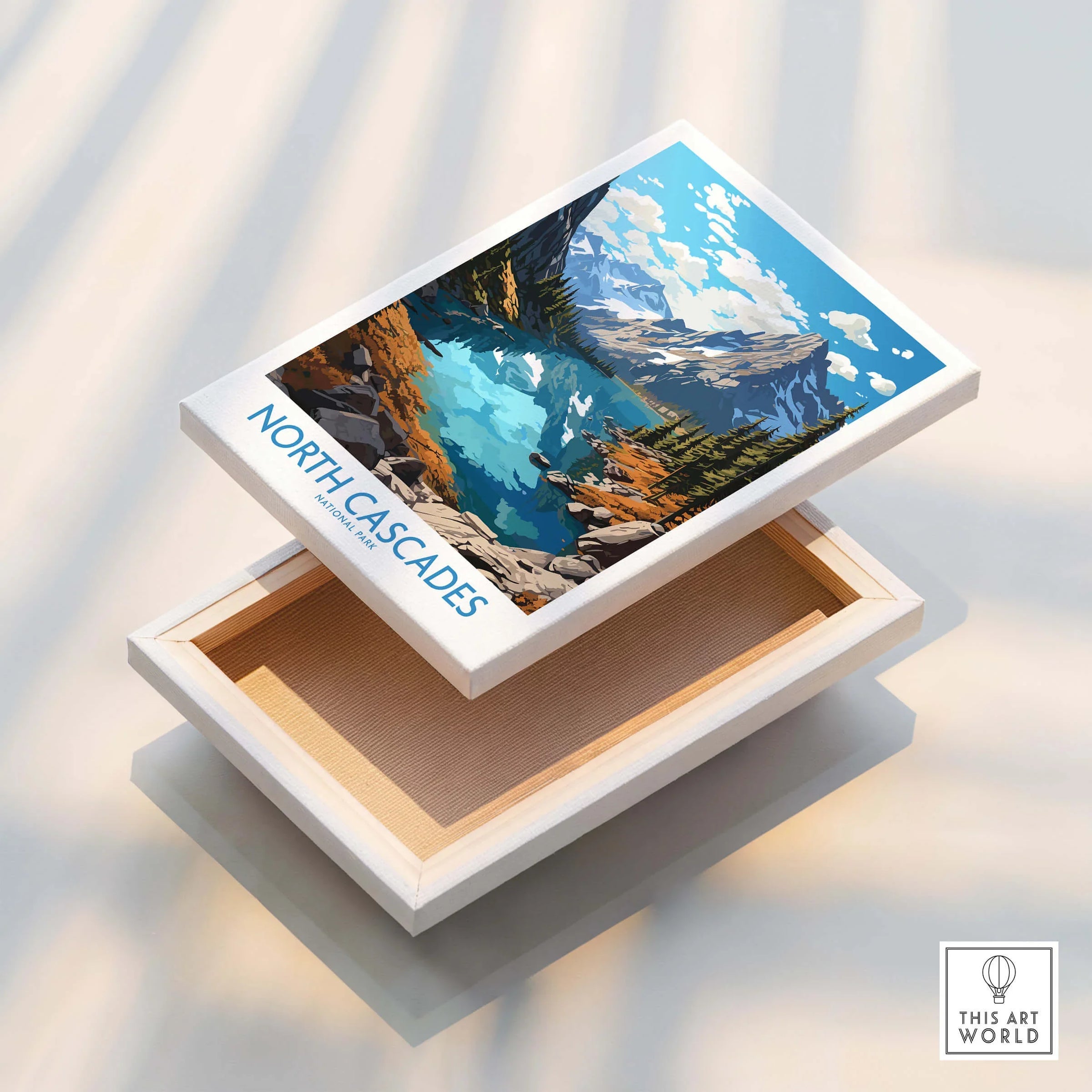 North Cascades National Park print on stretched canvas showing a mountain lake landscape.