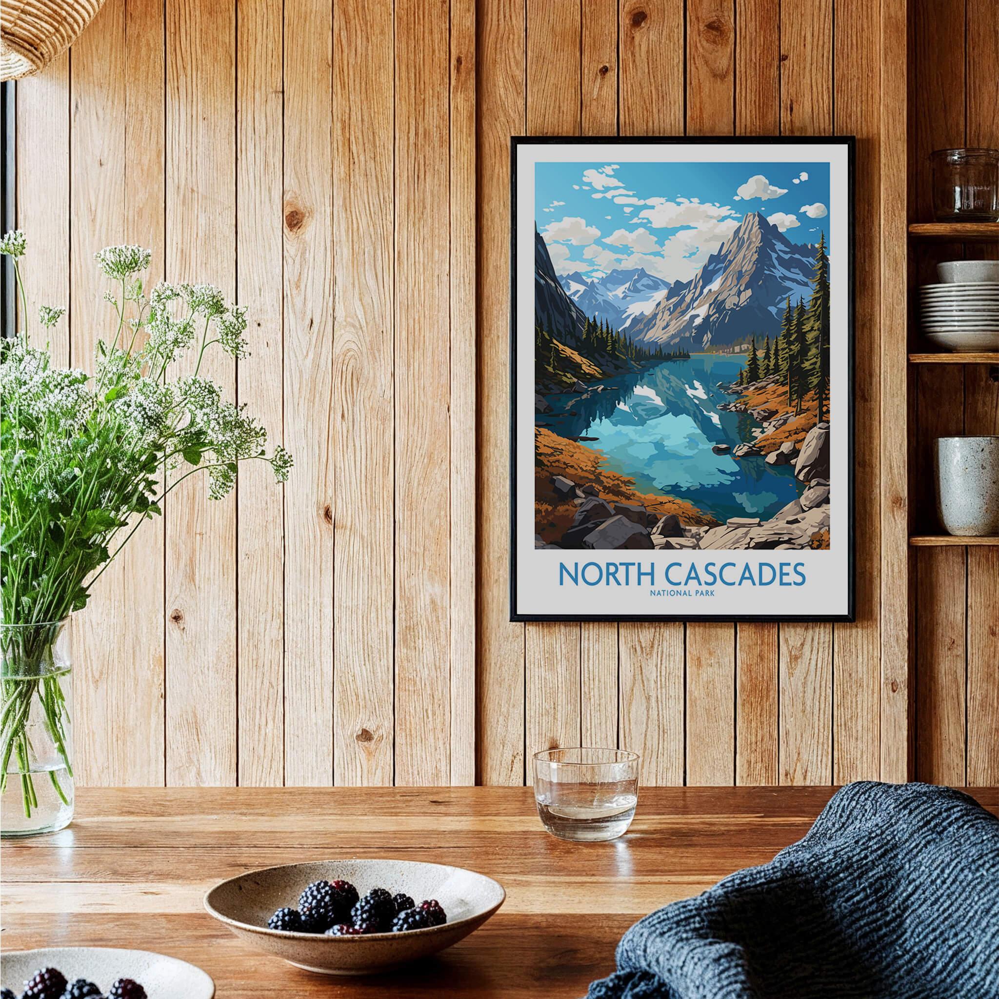 Framed North Cascades National Park art print displayed in a rustic wood kitchen setting