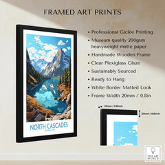 Framed North Cascades National Park travel poster print with mountain and lake artwork, wall art details listed.