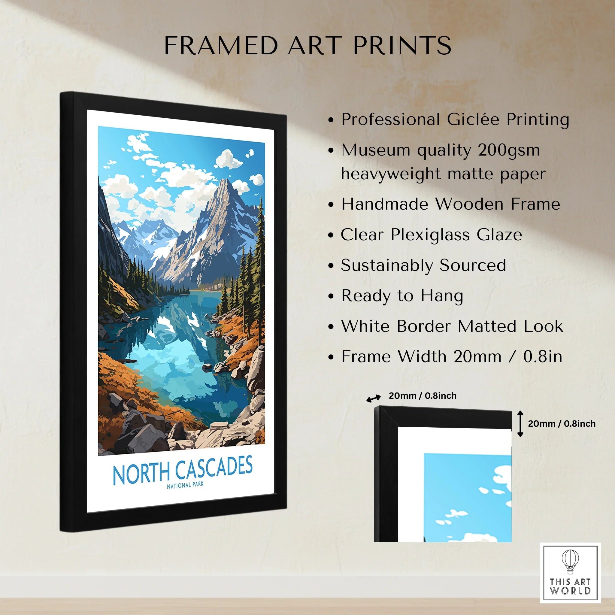 Framed North Cascades National Park travel poster print with mountain and lake artwork, wall art details listed.