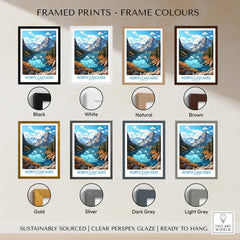 North Cascades National Park travel poster print with eight frame color options displayed