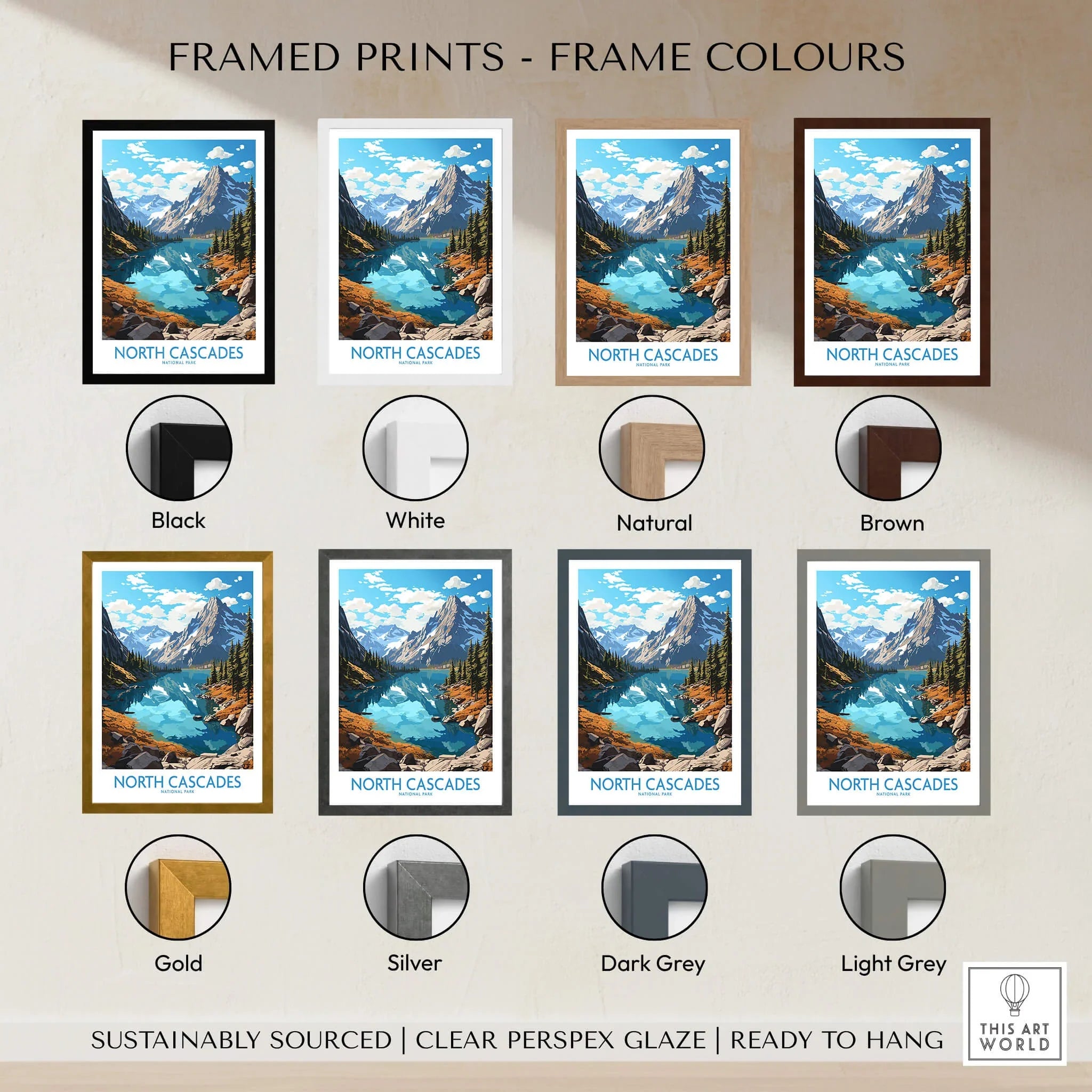 North Cascades National Park travel poster print with eight frame color options displayed