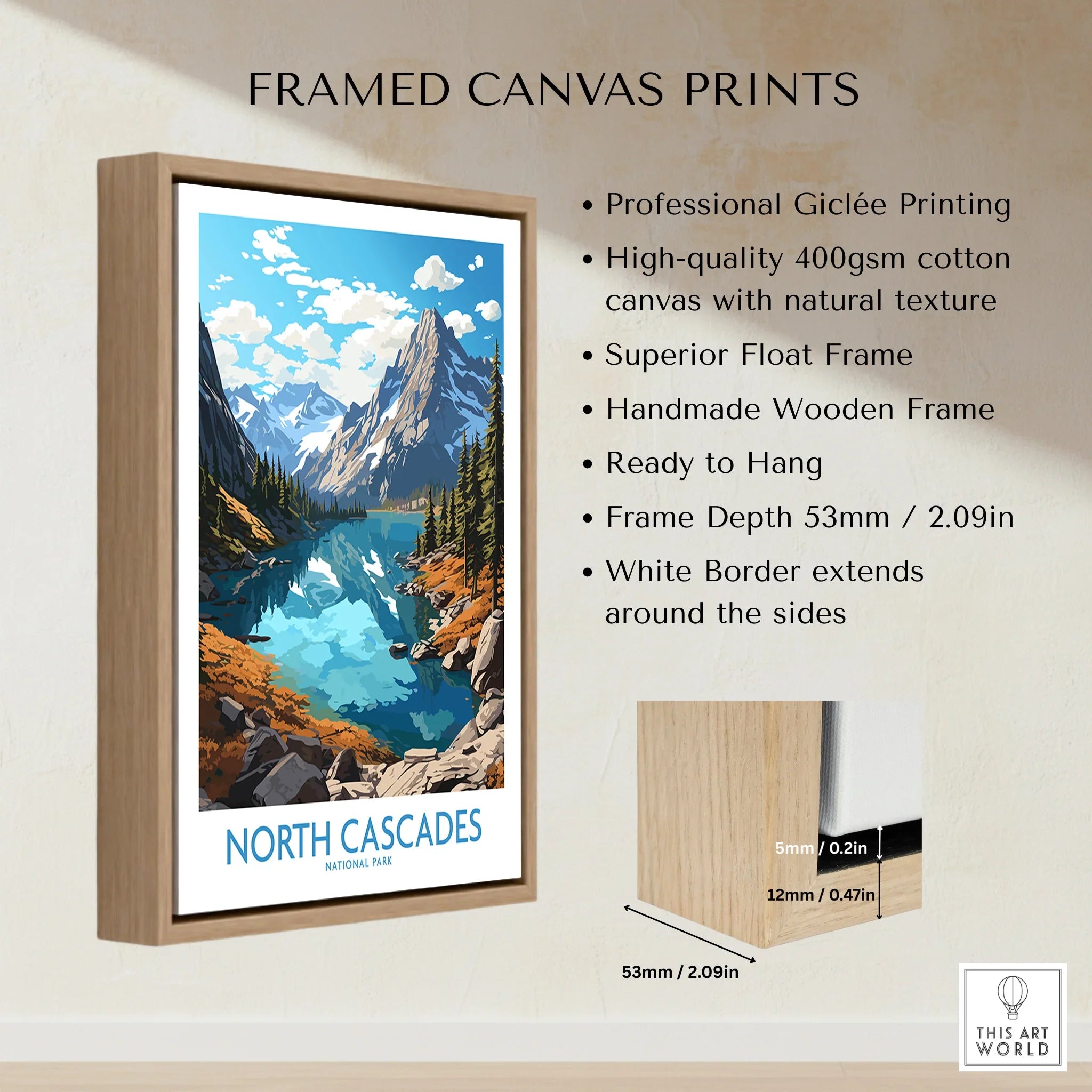 Framed North Cascades National Park wall art print with mountains, lake, and wooden float frame