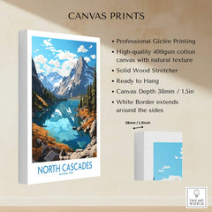 North Cascades National Park canvas print with mountain lake landscape and blue sky.