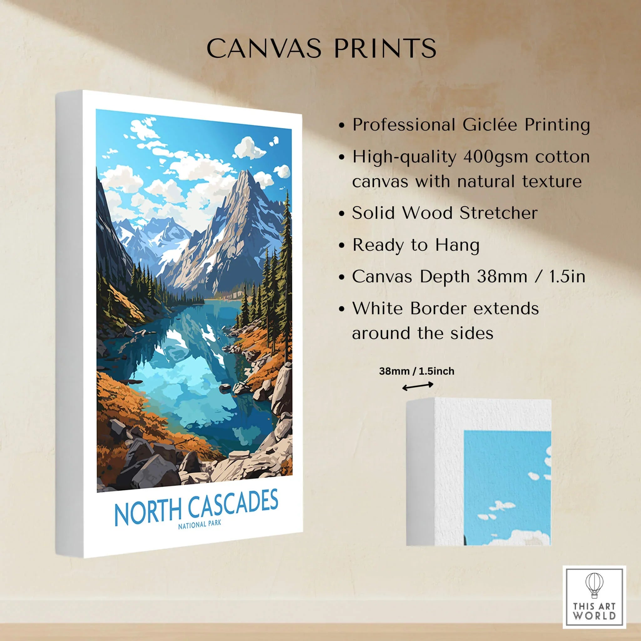 North Cascades National Park canvas print with mountain lake landscape and blue sky.