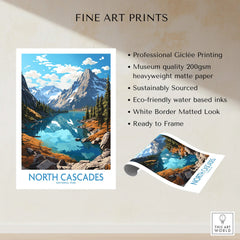 North Cascades National Park art print with mountain lake landscape and product details