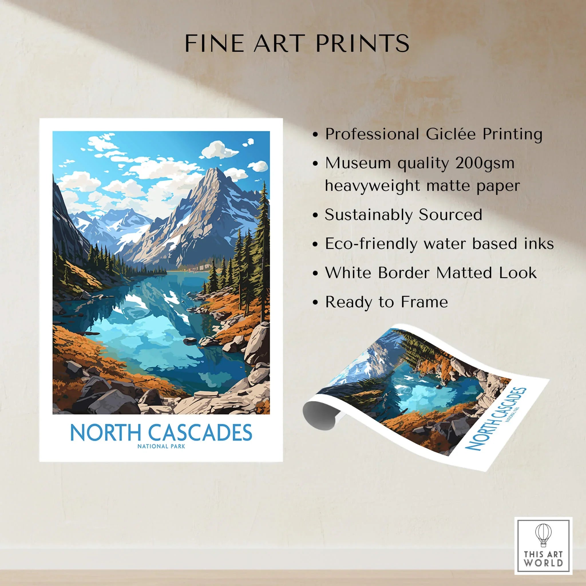 North Cascades National Park art print with mountain lake landscape and product details