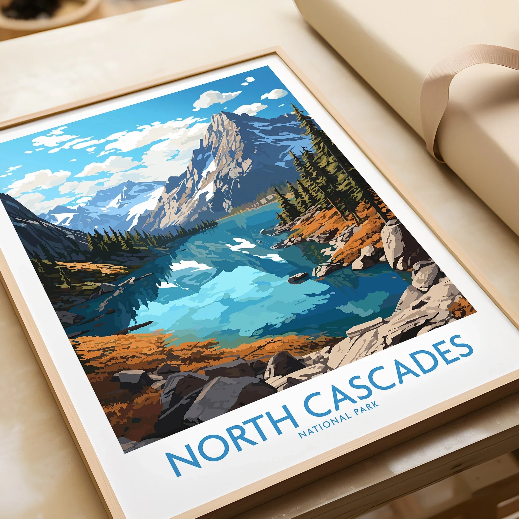 Framed North Cascades National Park art print with mountain, lake, and forest design