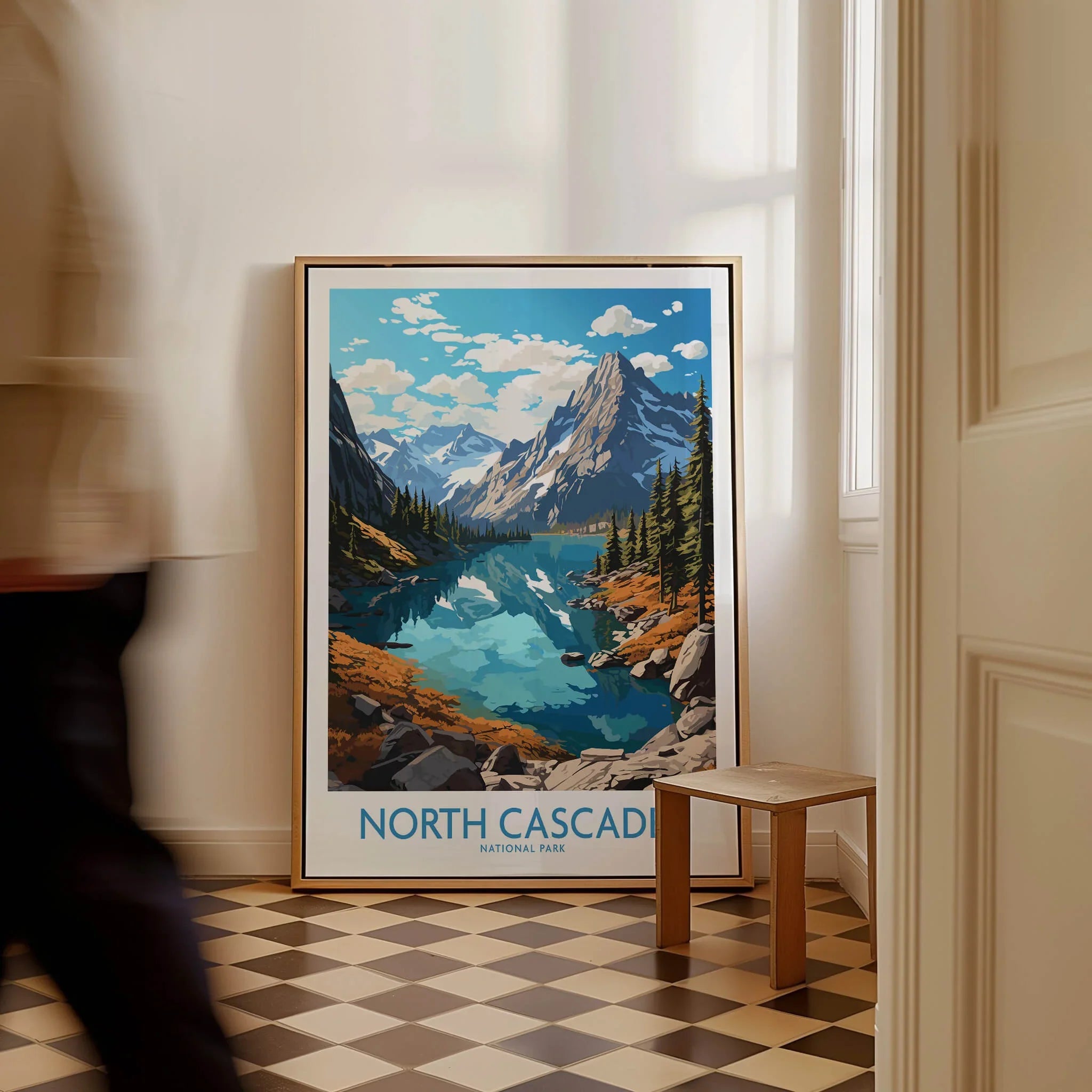 Framed North Cascades National Park travel poster with mountain lake art on checkered floor