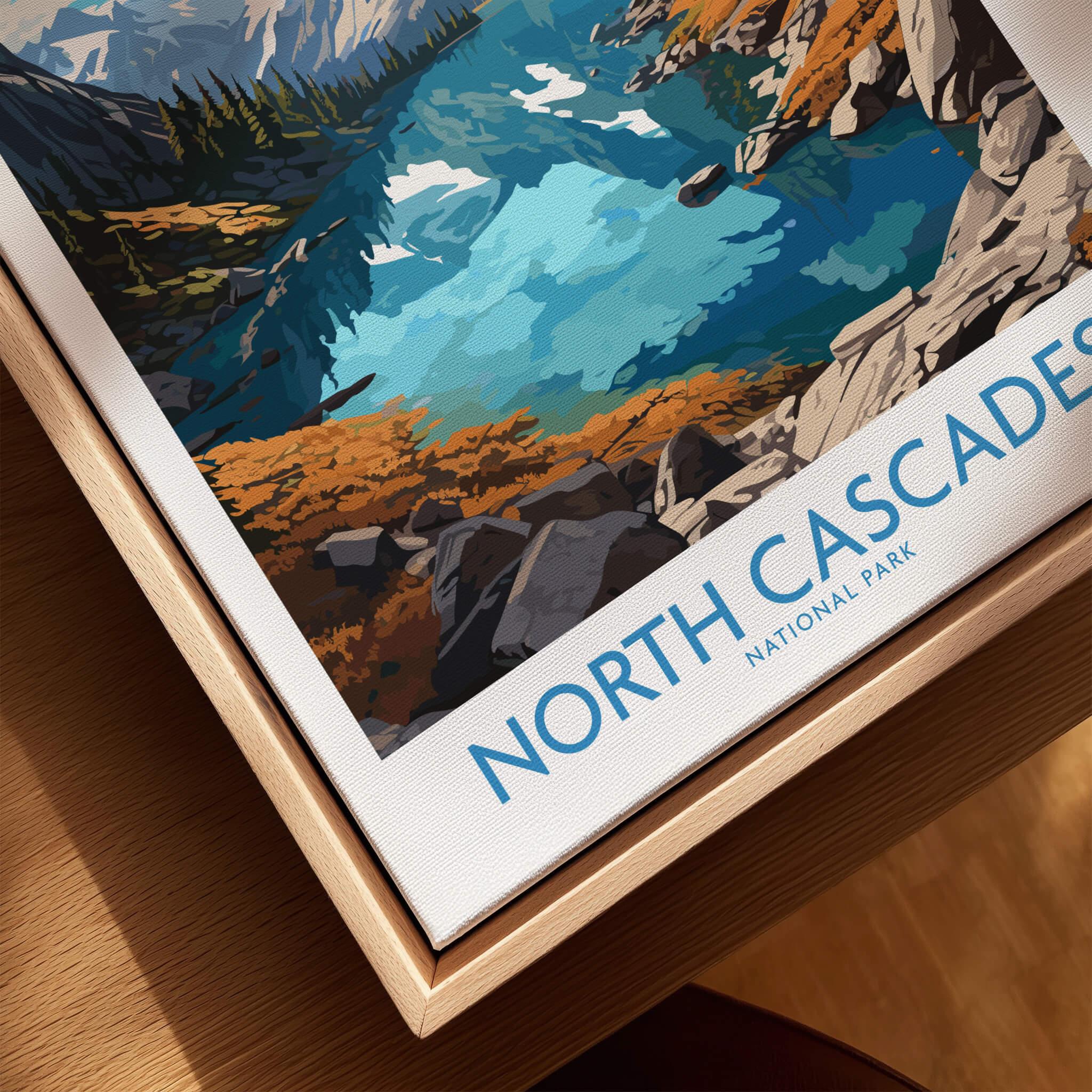 North Cascades National Park travel poster print in natural wood floating frame, closeup view