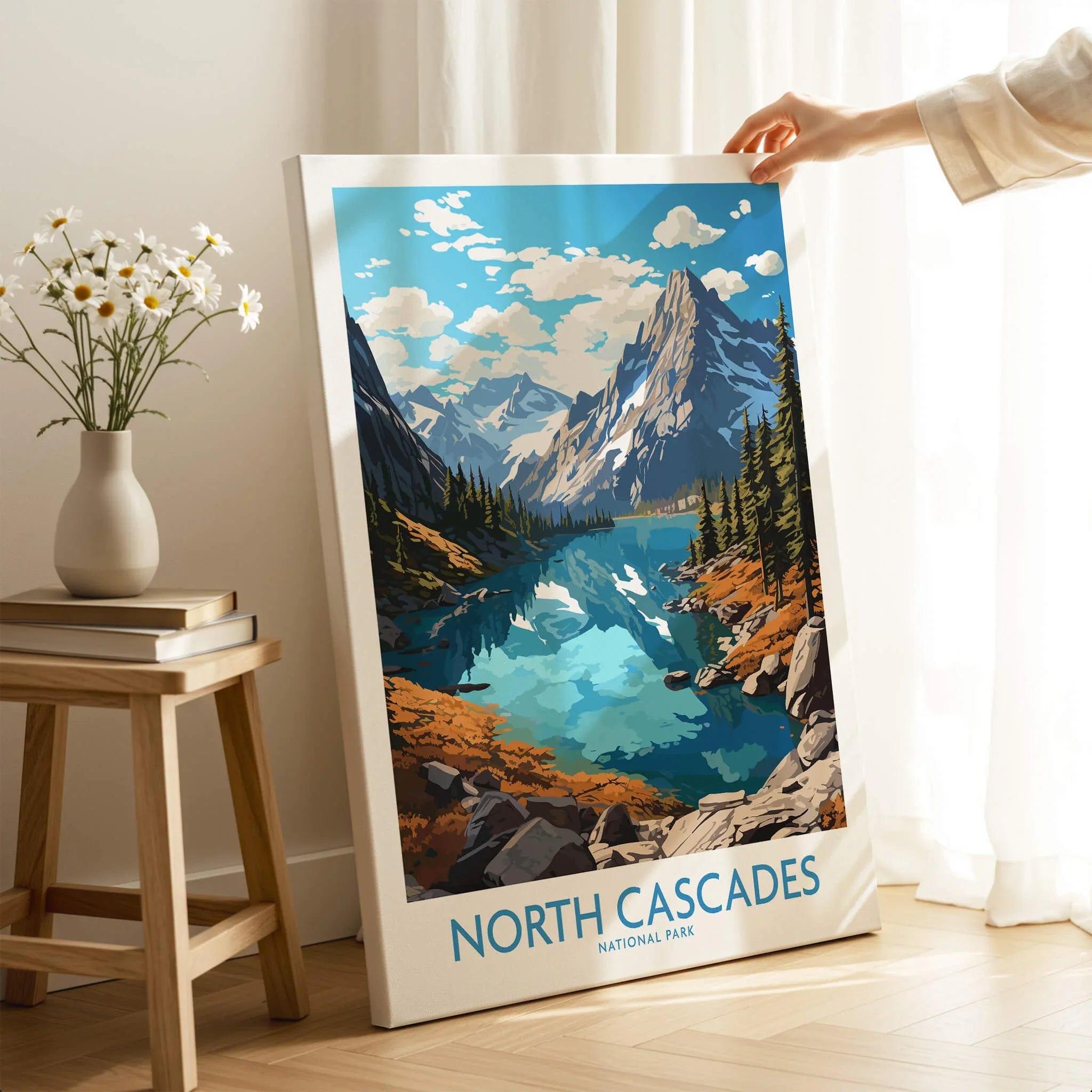 North Cascades National Park wall art print with mountain lake scene in bright room.