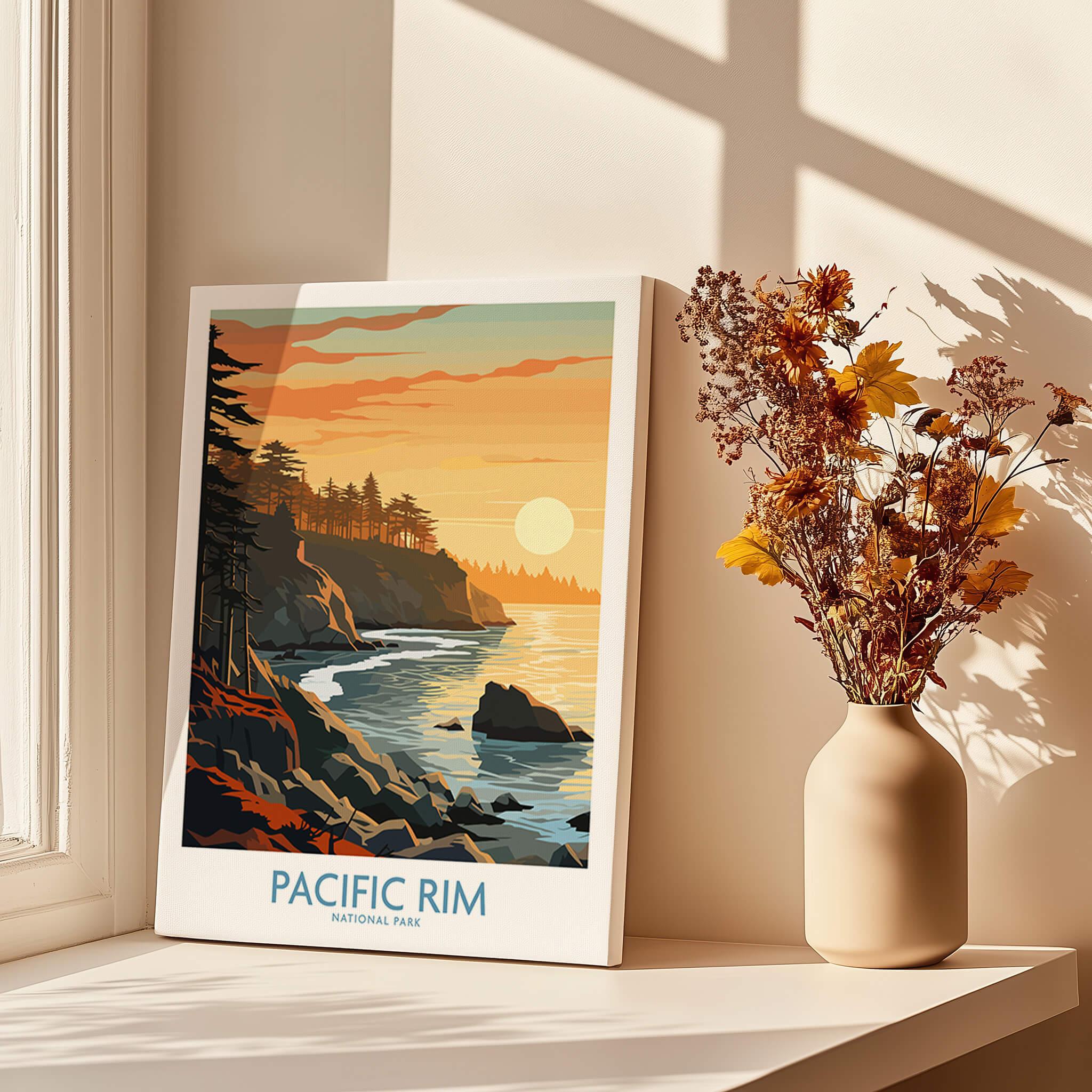 Pacific Rim National Park canvas print with coastal sunset, displayed on windowsill next to vase of dried flowers