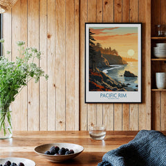 Framed Pacific Rim National Park art print in a cozy wood kitchen with berries on the table