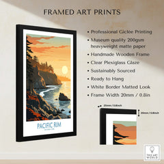 Framed Pacific Rim National Park art print with coastal landscape, shown with frame details and product features.