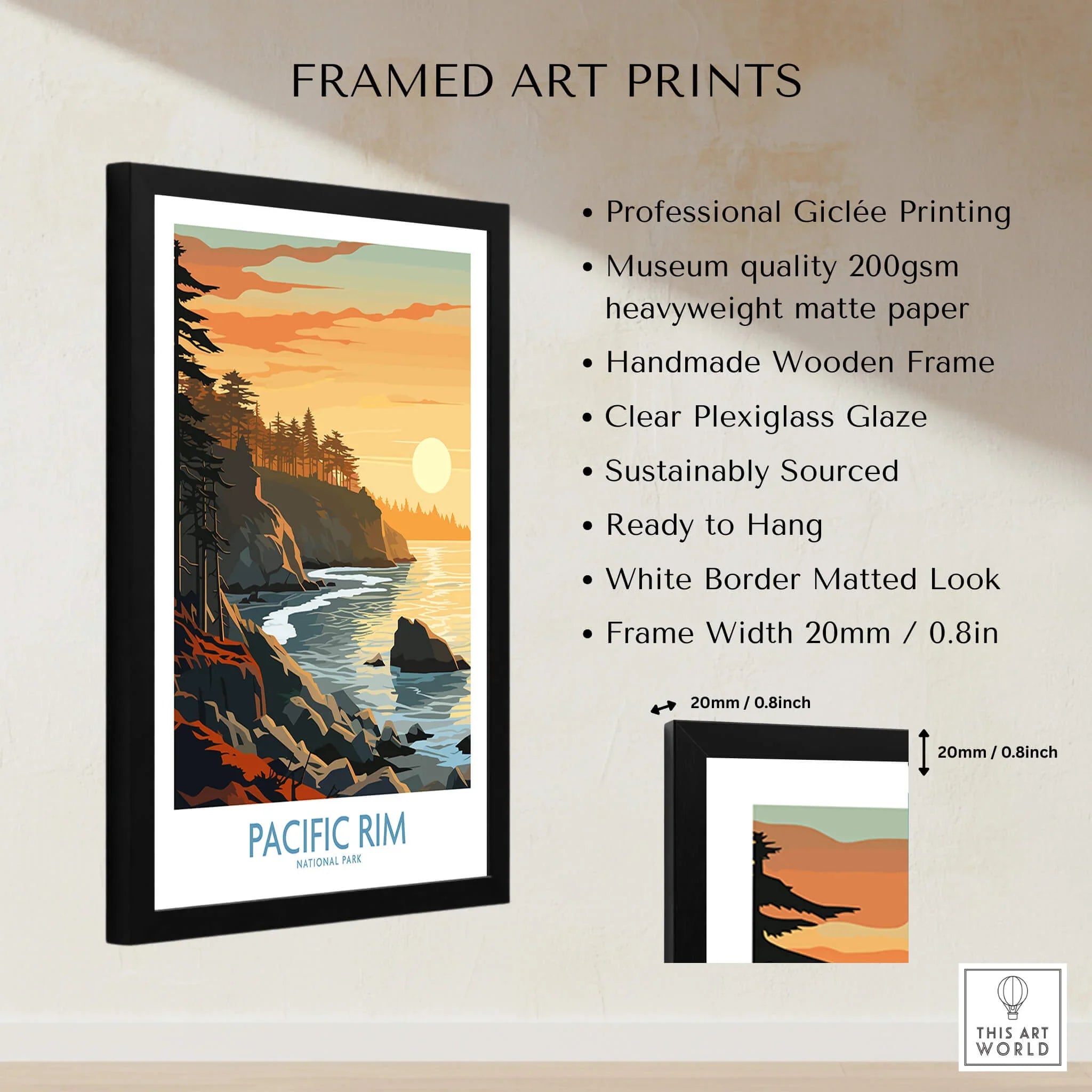Framed Pacific Rim National Park art print with coastal landscape, shown with frame details and product features.
