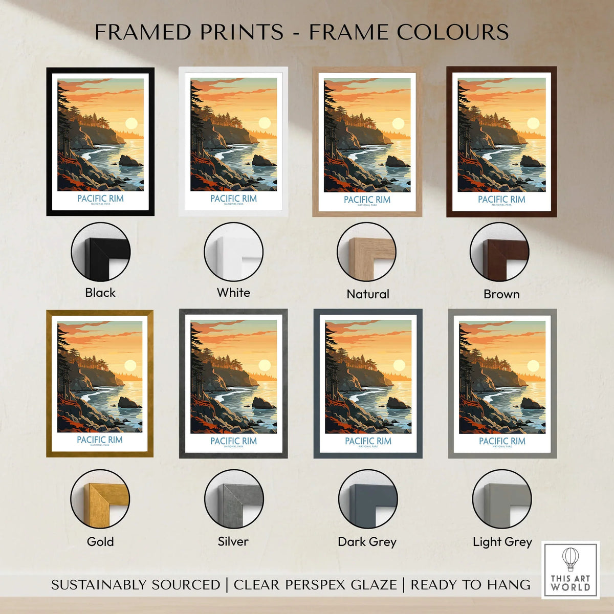 Pacific Rim coastal sunset art print in eight frame color options: black, white, natural, brown, gold, silver, dark grey, light grey.