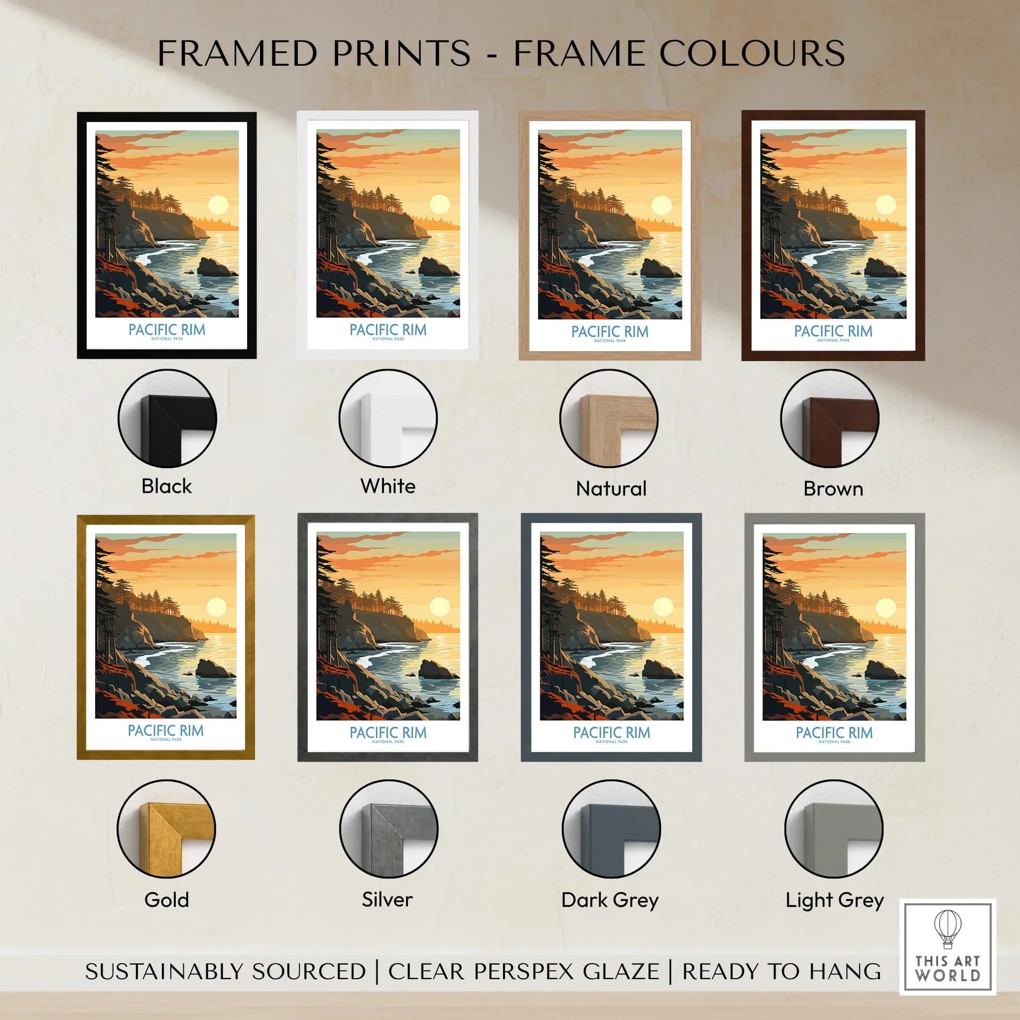 Pacific Rim coastal sunset art print in eight frame color options: black, white, natural, brown, gold, silver, dark grey, light grey.