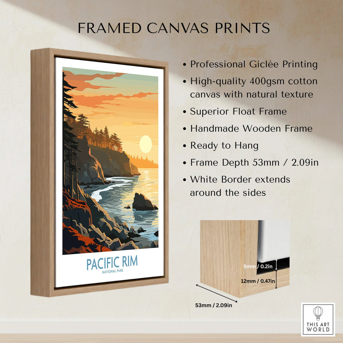 Framed canvas print of Pacific Rim National Park landscape at sunset with wooden float frame.