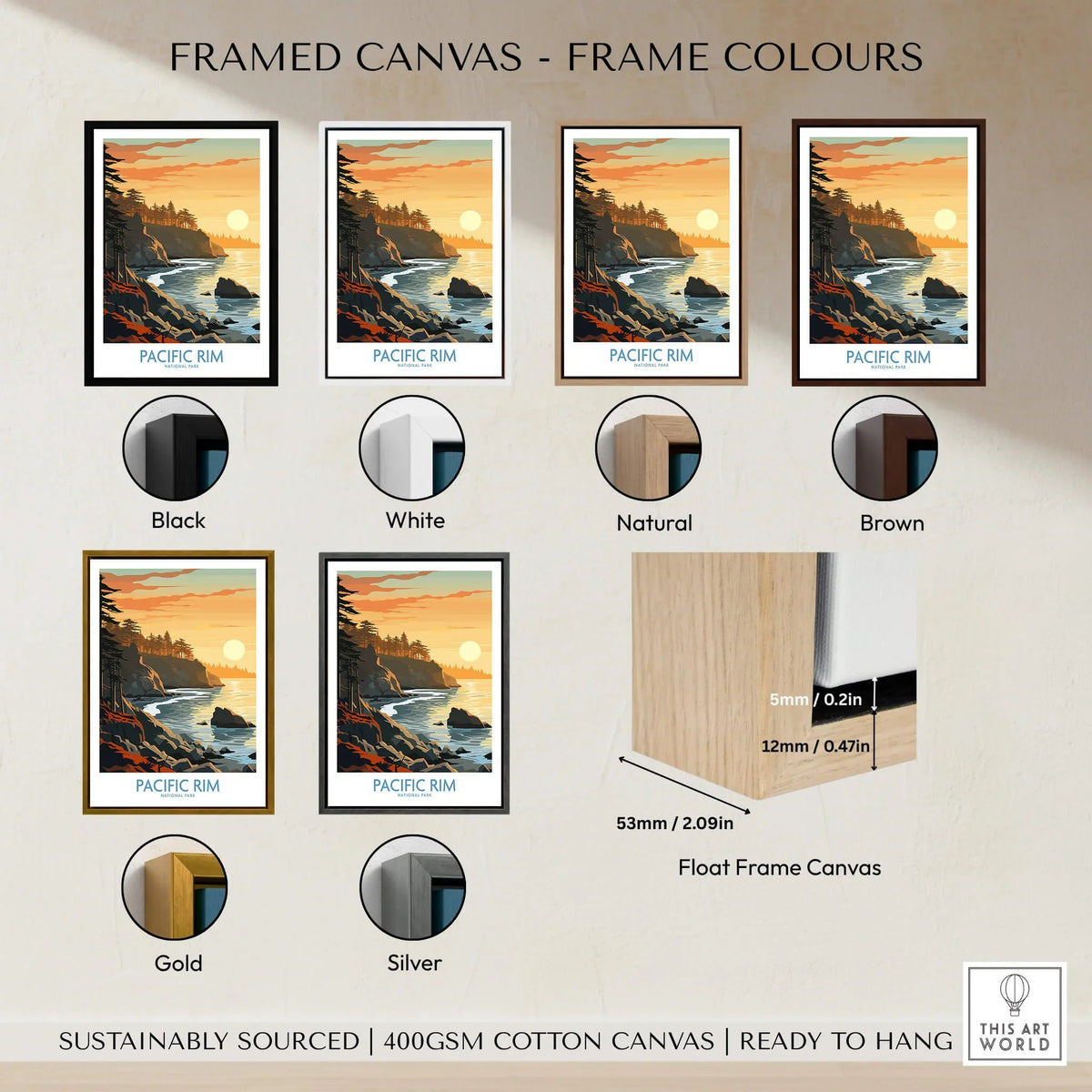 Pacific Rim wall art print with six frame color options: black, white, natural, brown, gold, silver.