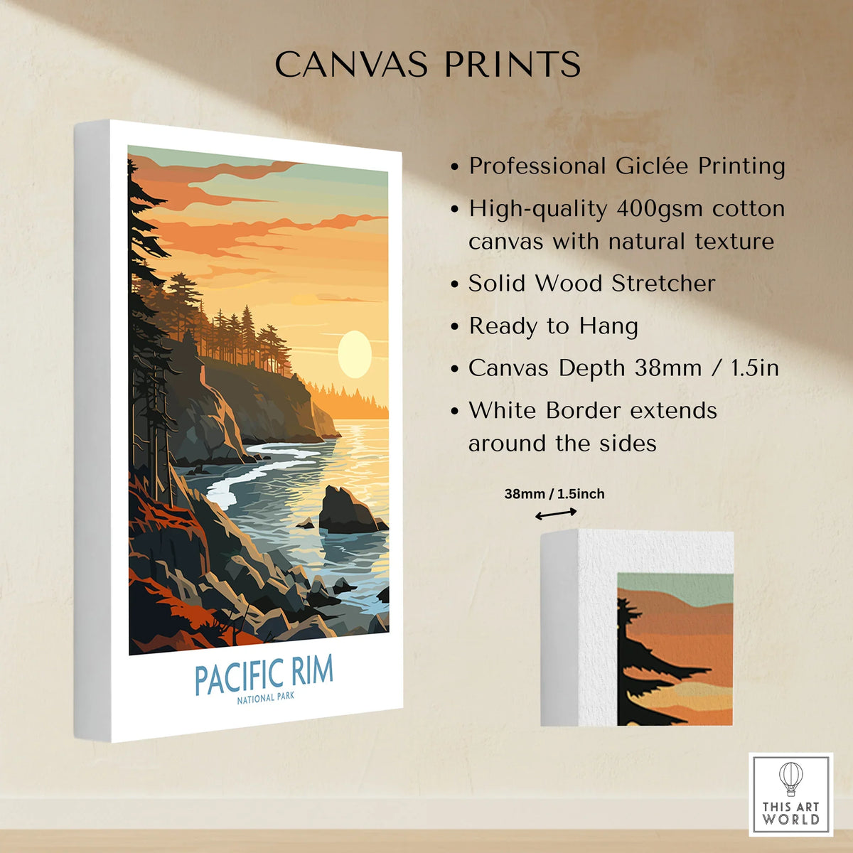Pacific Rim National Park canvas print showing coastal sunset with pine trees and rocky cliffs