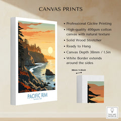 Pacific Rim National Park canvas print showing coastal sunset with pine trees and rocky cliffs