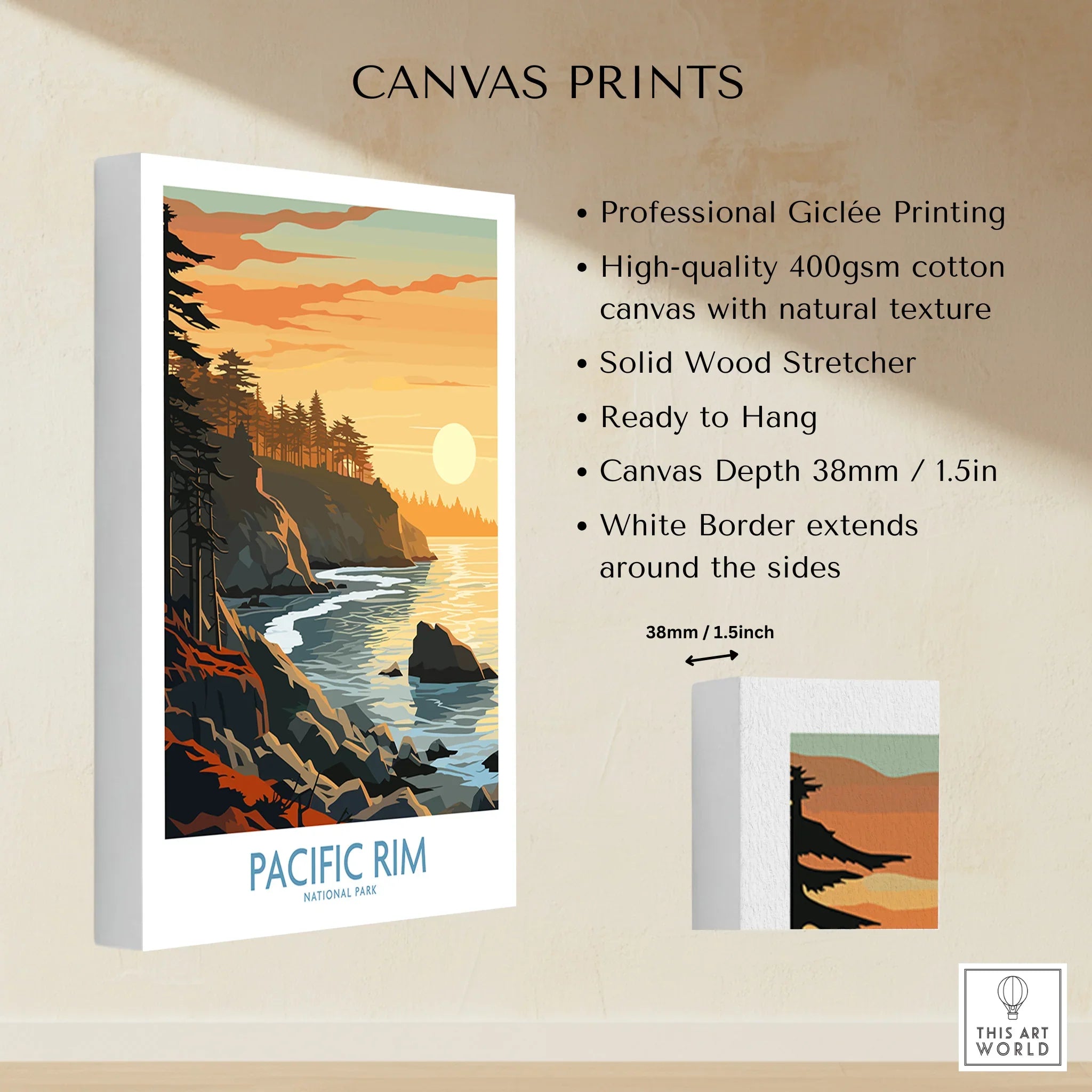 Pacific Rim National Park canvas print showing coastal sunset with pine trees and rocky cliffs