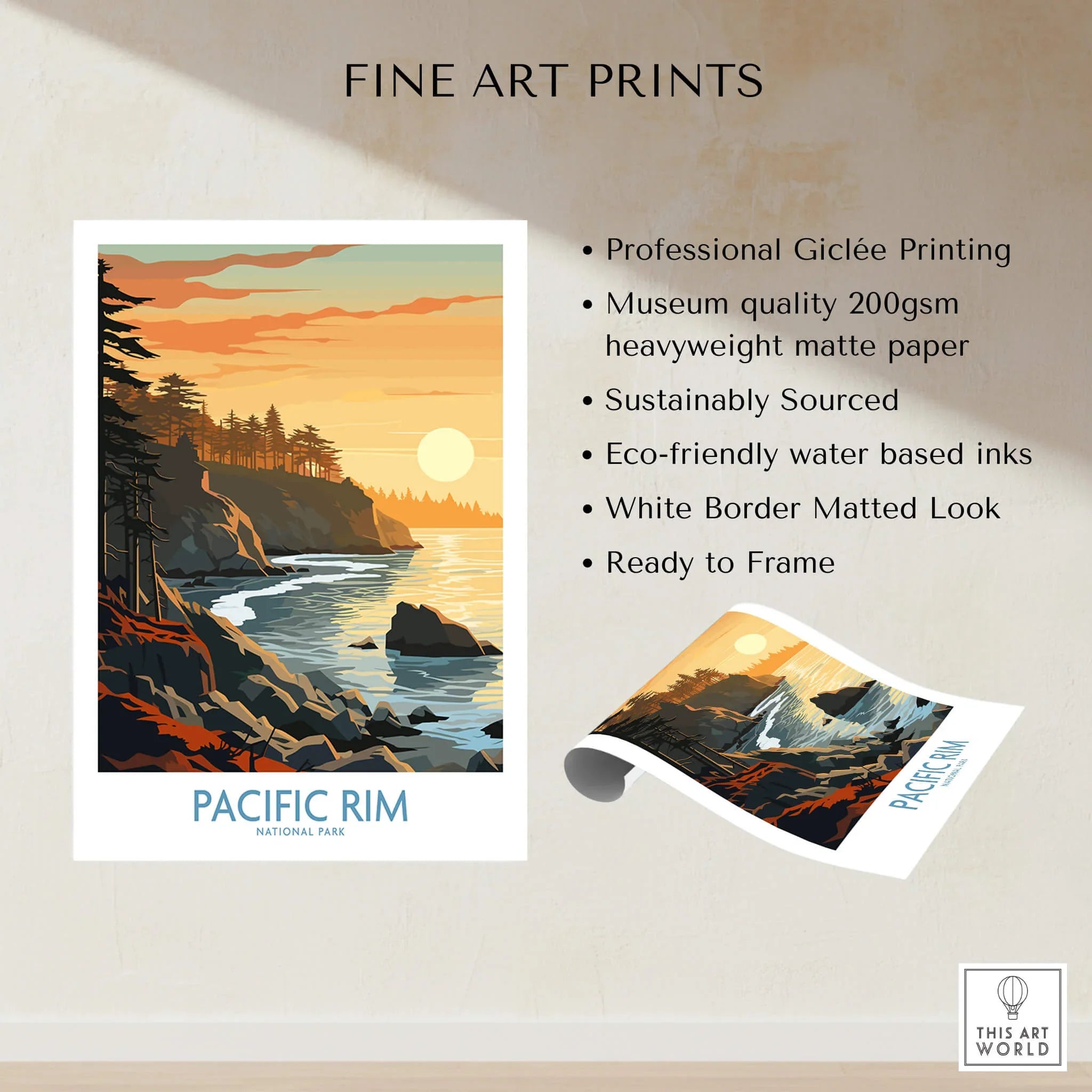 Pacific Rim National Park fine art print with coastal landscape and sunset, ready to frame.