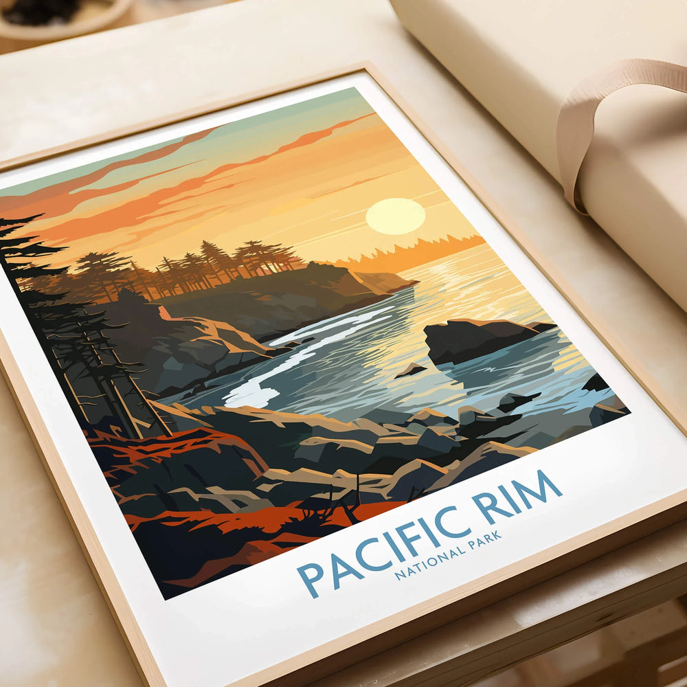 Pacific Rim National Park art print in natural wood frame, coastal landscape at sunset
