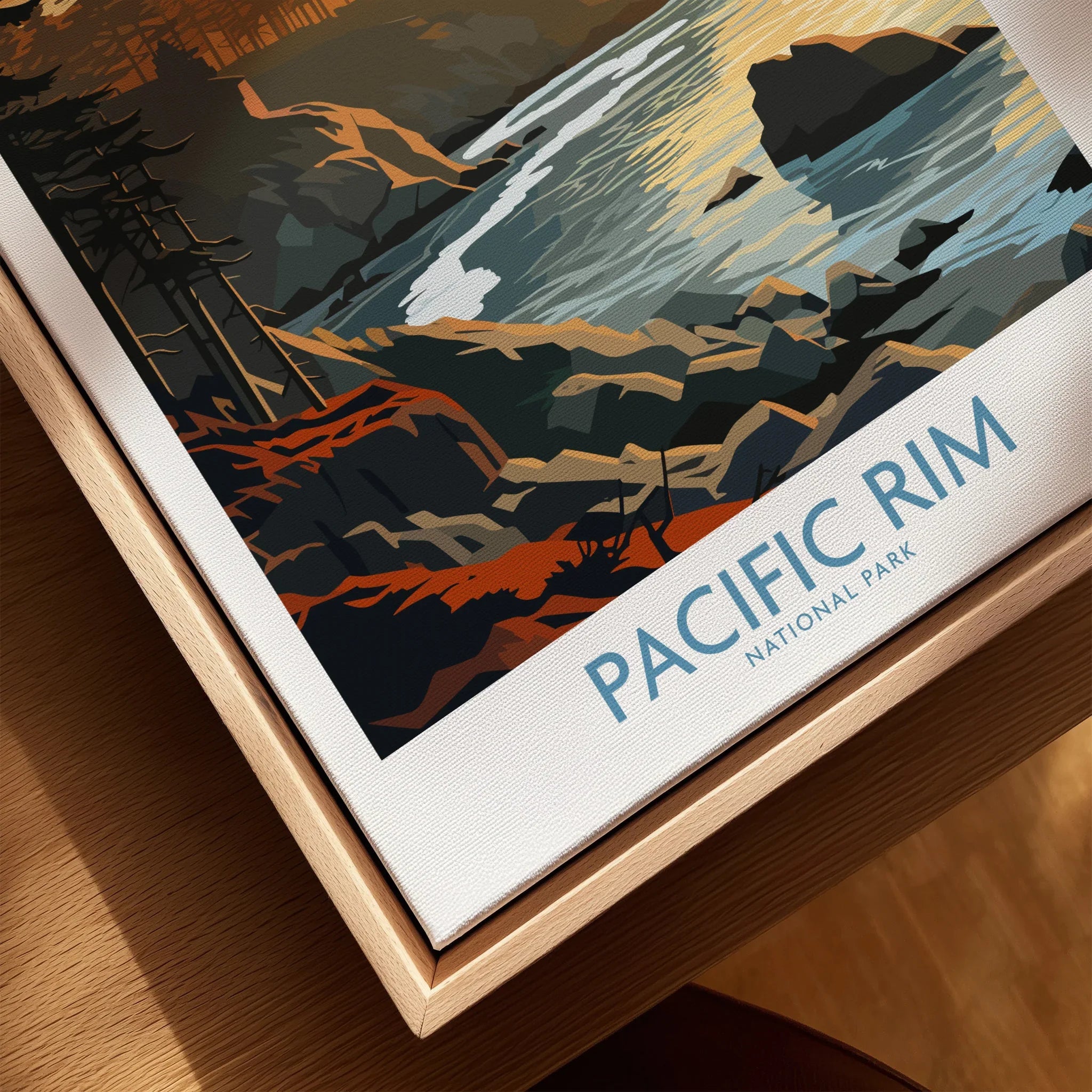 Pacific Rim National Park wall art in natural wood floating frame, close-up of coastal landscape print