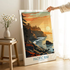 Pacific Rim National Park canvas print with sunset coastal landscape, hand holding in modern room