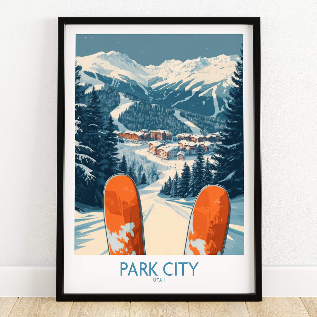 Park City Ski Poster showcasing vibrant winter scenery with skis, perfect for ski enthusiasts and home decor.