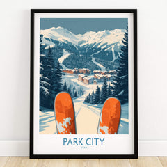 Park City Ski Poster showcasing vibrant winter scenery with skis, perfect for ski enthusiasts and home decor.
